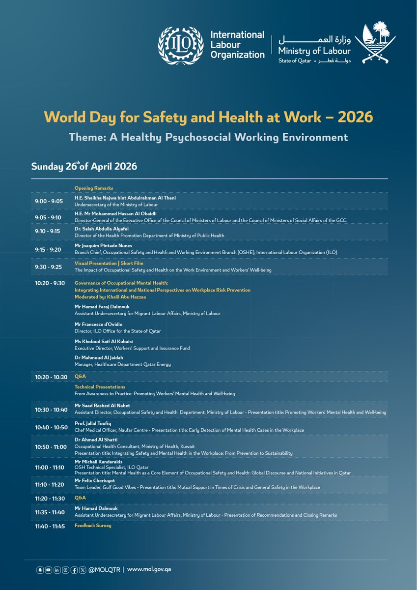 ILOQatar's tweet photo. Pls join us to celebrate World Day for Safety and Health at Work 2026
يرجى الانضمام إلينا للاحتفال باليوم العالمي للسلامة والصحة في العمل 2026
#SafeDay2026 https://t.co/tTEZNlZqOI