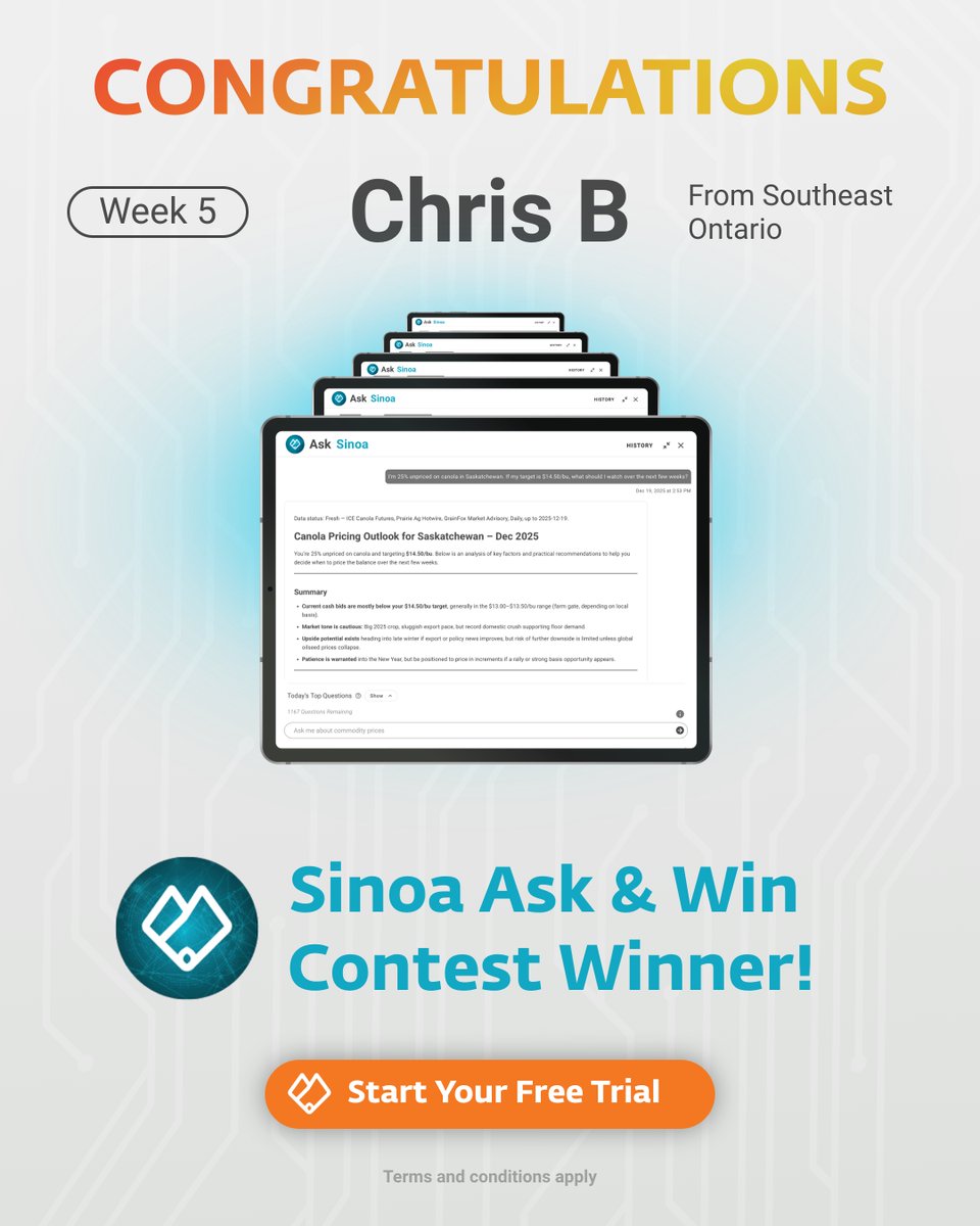 GrainFoxApp's tweet image. Congrats to our FINAL #Sinoa Streak Ask &amp;amp; Win winner - Chris B. from SE Ontario. 🎉

Whether you're #farming or working in commercial #ag, Sinoa helps you move quicker &amp;amp; make better calls. No more chasing info. No more guesswork.

See the difference - app.grainfox.marketing/register/