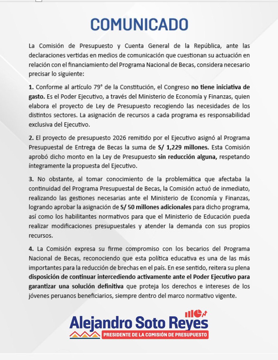 presupuestocr's tweet photo. 📢 #ComunicadoOficial

Desde la Comisión de Presupuesto y Cuenta General de la República, presidida por @AlejandroSotoRe, aclaramos ante la opinión pública nuestra actuación respecto al financiamiento del Programa Nacional de Becas.

#ComisiónDePresupuesto #Becas #Educación https://t.co/PzMHnzZK7n