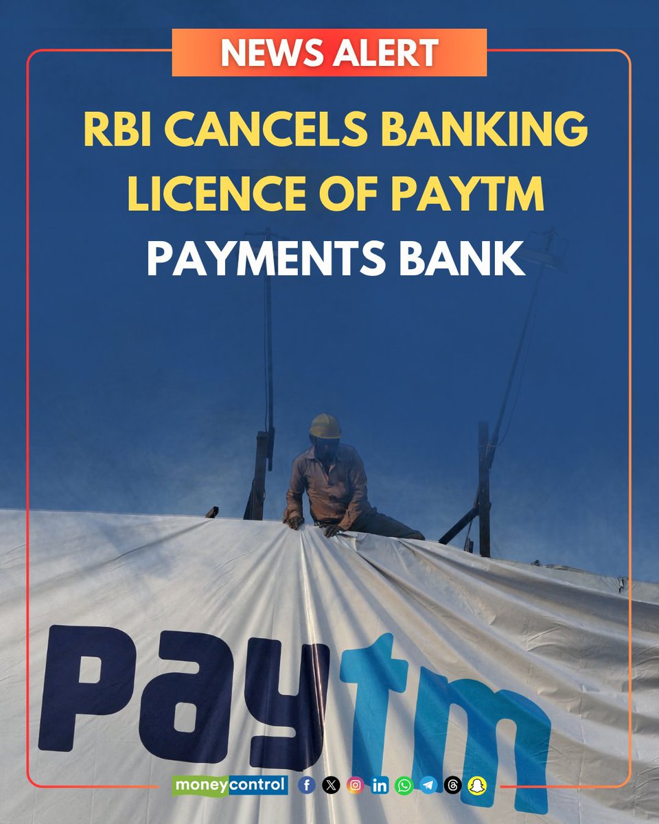 moneycontrolcom's tweet image. JUST IN | 🚨 RBI cancels banking licence of Paytm Payments Bank

@jagan520 with details: 
moneycontrol.com/news/business/…

#RBI #Paytm