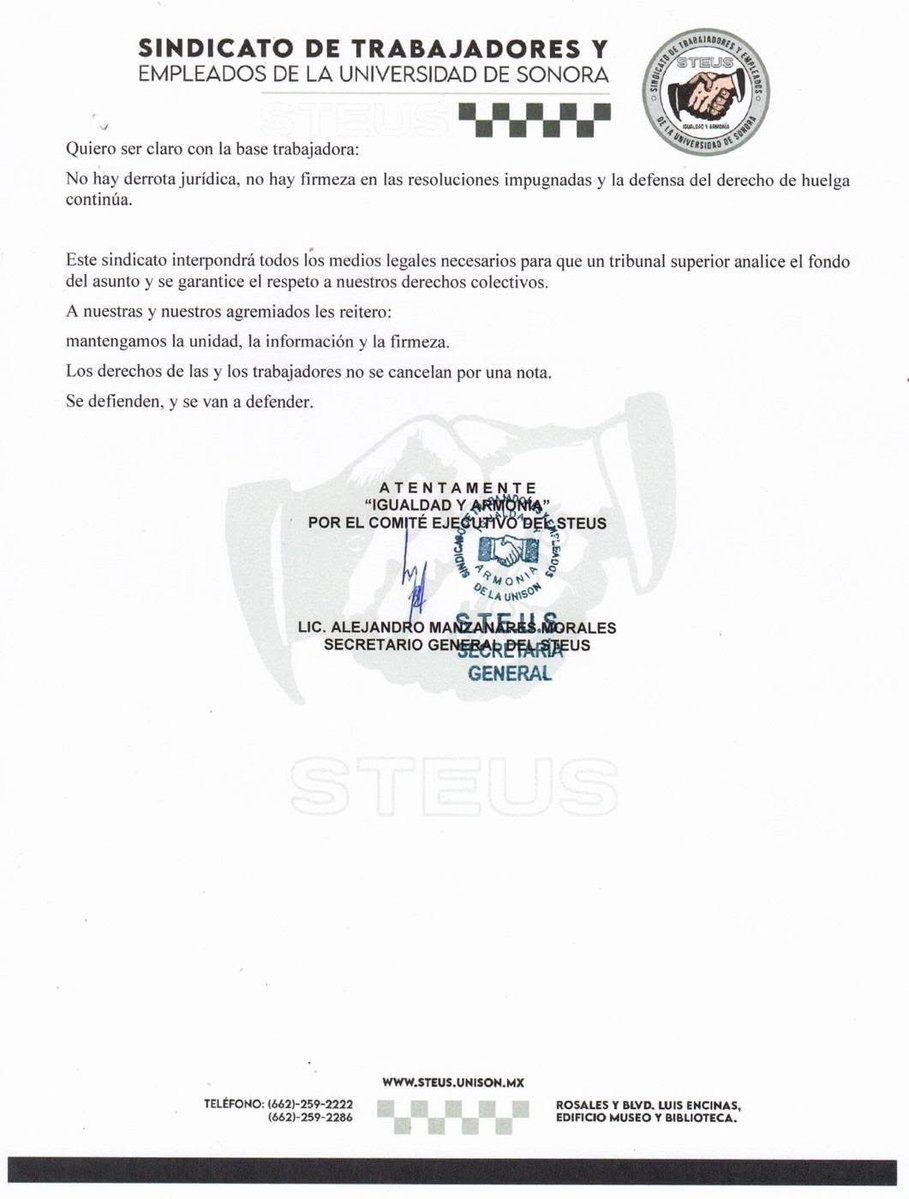 #UNISON El STEUS niega haber perdido el amparo por la huelga y rechaza que exista una resolución definitiva en su contra. 
Asegura que el caso no ha sido analizado de fondo y que impugnará las decisiones actuales. 
El sindicato sostiene que la declaración de inexistencia no está