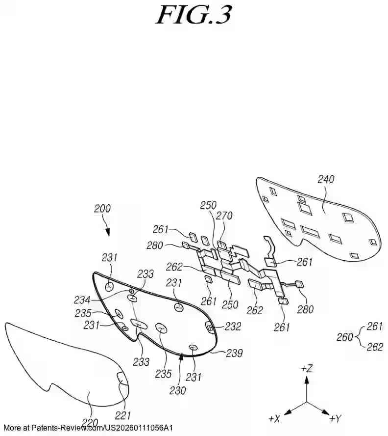 PatentPulse's tweet image. New patent application #US20260111056A1 by #Samsung introduces a head wearable electronic device. Features include a housing with a tracking camera, infrared LED, and a window cover with layered structures for scatter protection.
#WearableTech #Innovation #TechPatent $SSNLF