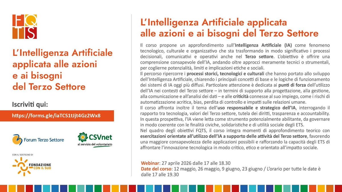 progetto_fqts's tweet photo. 🤖 L'IA può essere uno strumento del bene comune?
Il nuovo corso FQTS esplora come usare l'Intelligenza Artificiale in modo etico e consapevole nel Terzo Settore.
📅 Webinar: 27/04 | 17.00–18.30
📝 Iscriviti: https://t.co/d67VOvOIJf
#FQTS #TerzoSettore #IA https://t.co/zc0pEMLUV0