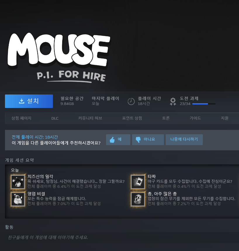 마우스 P.I. 포 하이어 클리어함
요즘 게임답지 않게 분량을 고봉밥으로 얹어줬네요
바이오쇼크, 둠을 재밌게 한 입장에서 즐길만한 게임
수집 요소 찾기가 좀 빡센 게 흠이랄까요
(스테이지를 깨도 맵 전체가 안 열리는 단점이 있음)