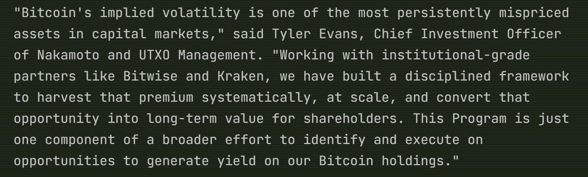Today we announced an actively managed Bitcoin derivatives program facilitated by Kraken and Bitwise. The program is designed to generate volatility income and hedge downside risk.

"Bitcoin's implied volatility is one of the most persistently mispriced assets in capital