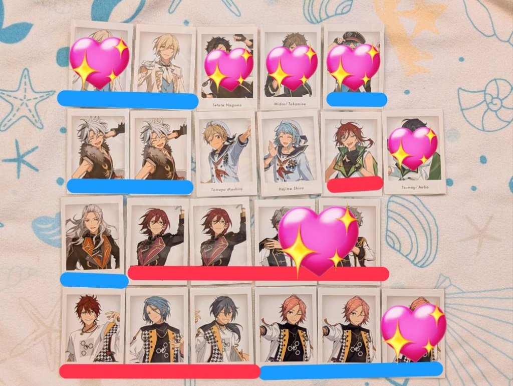 hiba1818's tweet photo. 【交換】あんスタ 特典 10周年 ぱしゃっつ

譲→画像参照

求→★薫/奏汰
各1：アドニス/★日和/スバル/☆みか/★ジュイス/★望見/★チトセ

赤線は★との交換
青線は★☆との交換

★☆は1枚〜、他は2枚〜
札幌手渡しor郵送
※10thぱしゃも募集あります https://t.co/39YV73OJQR