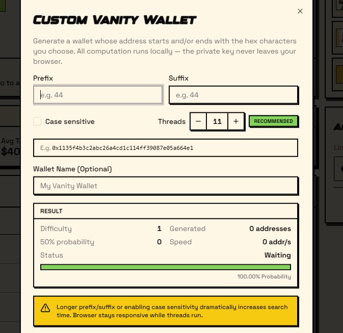 You can now create custom vanity wallet addresses on BullNBear for free!   

This means your wallet address can include or end with a specific pattern — making it unique and recognizable.    

Example: Instead of a random wallet like:  0xA91f...3b7C    

You can generate