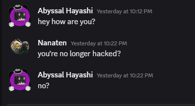 AbyssalHayashi's tweet photo. heads up, do not believe a word coming from that account, it still hacked and i lost full control over it https://t.co/xTr6mEK8Ix