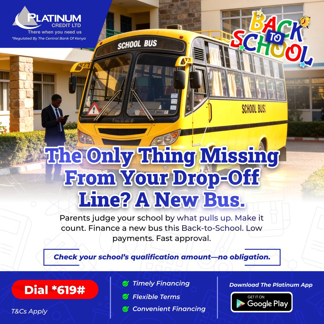 PlatinumCKenya's tweet image. Back-to-School shopping, but for a new bus!
Finance a new bus with low payments and fast approval. Call us on 0709 900 000 / 0730 900 000 or dial *619# to get started today.

#PlatinumCares #WezeshaNaPlatinum #BackToSchool #platinumcreditapp #platinumcredit #wezeshandoto