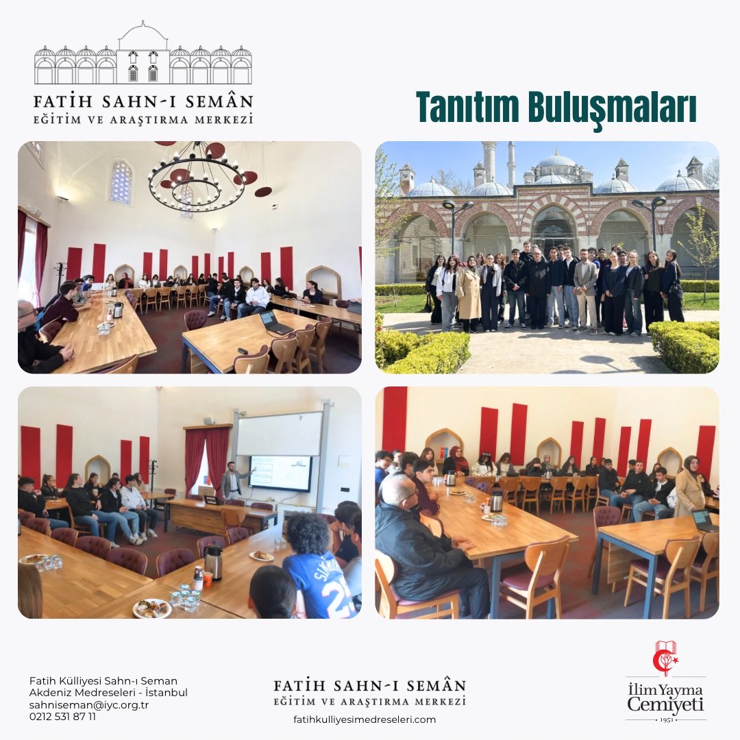 sahnisemaniyc's tweet photo. Fatih Sahn-ı Semân Eğitim ve Araştırma Merkezimizde, Prof. Dr. Necmettin Erbakan Anadolu Lisesi öğretmen ve öğrencilerinden oluşan heyeti misafir ettik.

Program kapsamında, Fatih Camii Külliyesi ve Sahn-ı Semân Medreselerinin tarihi ve ilmi mirasına dair bilgilendirici bir sunum gerçekleştirildi. Ardından merkezimiz bünyesinde yürütülen eğitim, araştırma ve ilmi faaliyetler hakkında tanıtım yapılarak programımız tamamlandı.

Ziyaretleri için değerli hocalarımıza ve sevgili öğrencilerimize teşekkür ederiz.

Genç kardeşlerimizin ilim yolculuğuna katkı sunmayı amaçlayan bu tür buluşmaların artarak devam etmesini temenni ediyoruz.

@iycgenelmerkez
