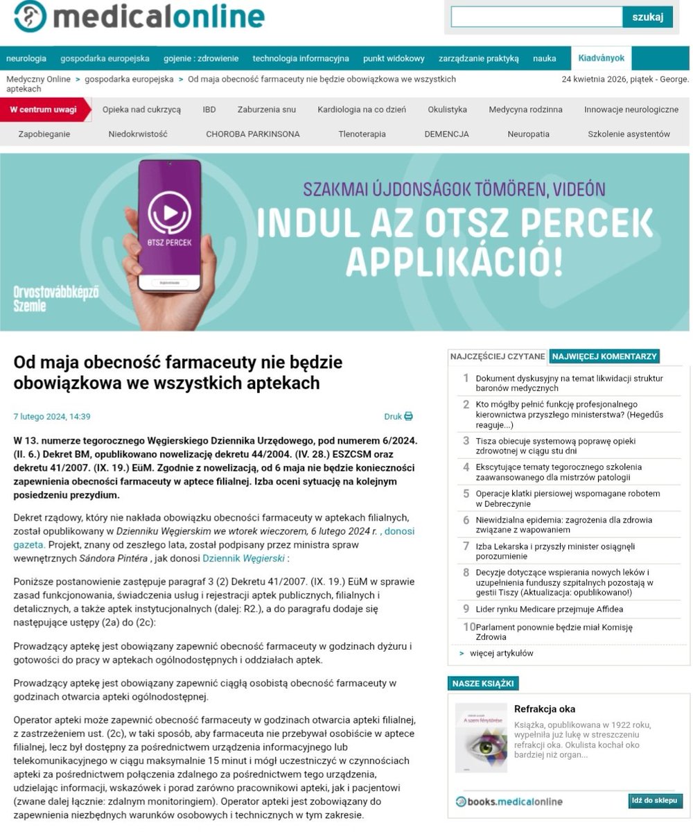 Lucas_pharmacy's tweet photo. Węgry mogą być ważnym punktem odniesienia dla Polski 🇭🇺➡️🇵🇱

Wprowadzony tam model rynku aptecznego — obejmujący https://t.co/TR7aJaPuWY. odpowiednik „Apteki dla Aptekarza”, ograniczenia własnościowe oraz limit liczby aptek — doprowadził do istotnych zmian strukturalnych.

Efekty?
📉 Spadek liczby aptek (ok. 200 placówek)
📉 Presja na rynek i spadek dostępności usług farmaceutycznych.

W odpowiedzi systemowej pojawiło się rozwiązanie określane jako „apteka bez farmaceuty” ⚠️ — mające utrzymać dostępność dystrybucji leków mimo niedoborów kadrowych.
To pokazuje pewien mechanizm:
nadmierne regulacje mogą prowadzić do skutków odwrotnych od zamierzonych.

➡️ Zamiast wzmacniać zawód farmaceuty — mogą ograniczać jego realną obecność w systemie.
➡️ Zamiast stabilizować rynek — mogą wymuszać rozwiązania zastępcze.

Warto zadać pytanie:
czy obecny kierunek regulacyjny w Polsce nie niesie podobnych ryzyk?

Dyskusja o przyszłości rynku aptecznego powinna uwzględniać doświadczenia innych krajów — zanim pojawią się trudne do odwrócenia konsekwencje.

Źródła filmu i screenów:
@KancelariaSejmu

https://t.co/mgjSxMiZFN

https://t.co/6Rc8vEIuC2

@donaldtusk
@KosiniakKamysz
@wlodekczarzasty
@adamSzlapka
@MaciejBerek
@MZ_GOV_PL
@KaKacperczyk
@GIF_GOV_PL
@NPietrykowski50
@meysztowicz 
@JoannaWicha
@ZanetaSliwowska
@WioletaTomczak
@Szymanowska2050
@BodnarIzabela
@Paslawska
@bozenalisowska
@PolaMatysiak
@M_Jozefaciuk
@PracodawcyRP