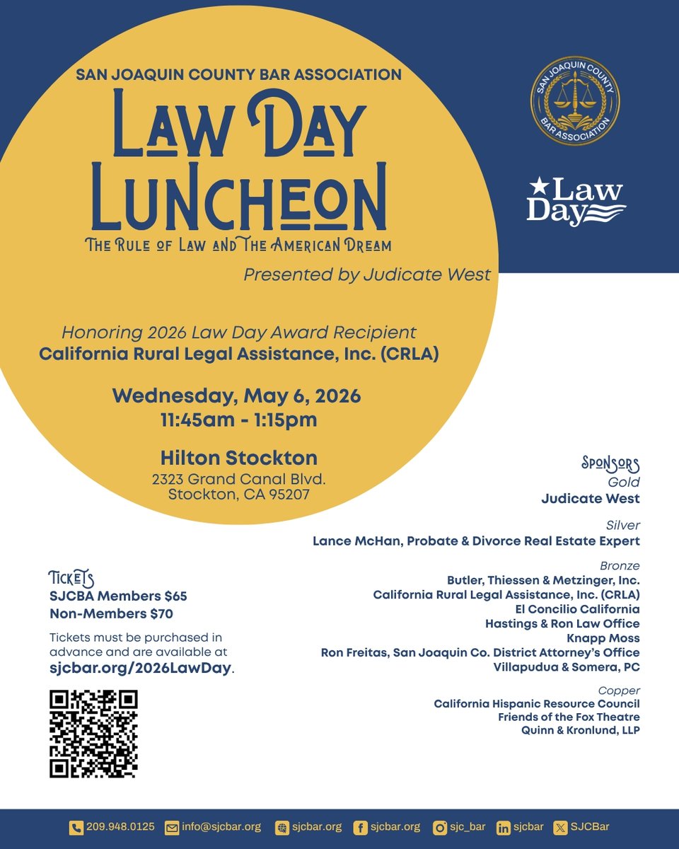DowntownStkn's tweet image. Join the San Joaquin County Bar Association for their 2026 Law Day Luncheon presented by Judicate West!

📅Date: Wed, May 6 
⏰Time: 11:45AM-1:15PM
📍Location: 2323 Grand Canal Blvd
🔗Reserve your spot today @ sjcbar.org/2026LawDay!

#stocktonevents #stockton #LawDay2026