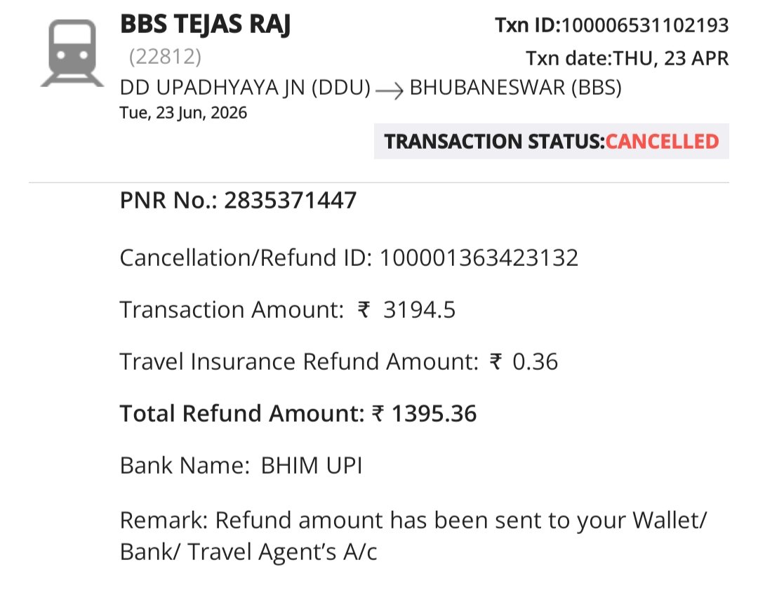 evil_mind410's tweet photo. @IRCTCofficial 
I cancel my ticket but money was not refunded in my account 
PNR number-2835371447
Cancelled or refund id -100001363423132
Amount -₹ 1395 https://t.co/XG6h9pu8AZ
