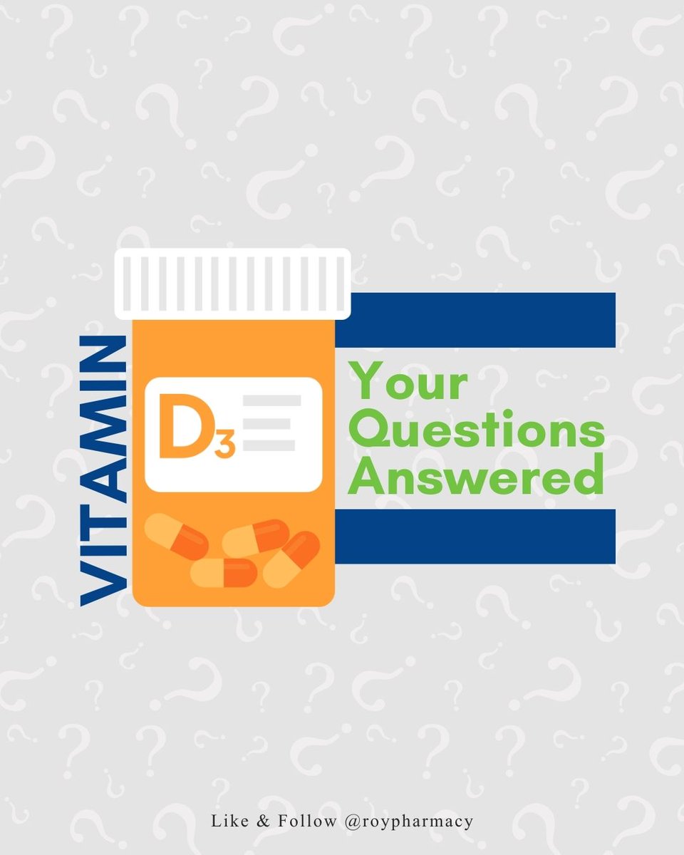 RoyPharmacy_'s tweet image. Vitamin D FAQs! 💊 D3 is better than D2. Take with food containing fat. Yes, you can take too much. A blood test shows if you're deficient. More questions? Ask our pharmacist! #VitaminD #FAQs #RoyPharmacy