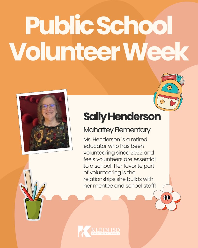 KleinISD's tweet photo. We’re celebrating Sally Henderson during Public School Volunteer Week for the heart she brings to Mahaffey Elementary. 🤩

Thank you, Sally, for the care and commitment you pour into Mahaffey! https://t.co/HNZHxa9AA9