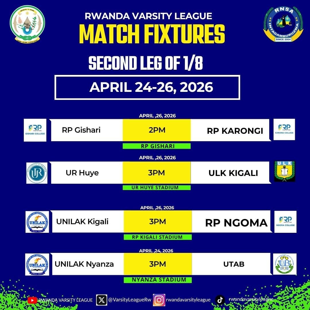 ogalorenzo's tweet photo. 🚨✅️ IMIKINO IHUZA KAMINUZA MU RWANDA ! 

#RwandaVarsityLeague 

Aha rero, tugeze muri 1/8 cy'irangjza, imikino uo kwishyura ! 

Aha rero birashyushye ⚡️☝️

AMATARIKI n'Ibibuga biri kuri aya mafoto 👌 @VarsityLeagueRw https://t.co/LLpdASSBga
