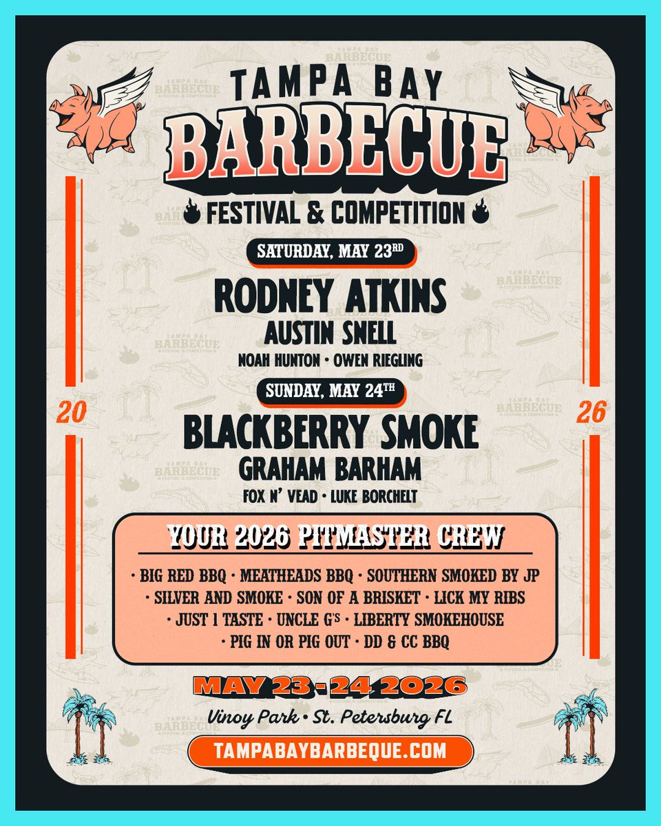 LNEPresentsFL's tweet photo. It’s official. Our friends at Tampa Bay BBQ just dropped their 2026 lineup.🔥

Enjoy a waterfront weekend at Vinoy Park, where world-class BBQ meets feel good country music. 

A match made in heaven 🐷💨

🎶 MAY 23–24, 2026
🌴 VINOY PARK | ST. PETE, FL

🎫 https://t.co/yLzHWcI9ni https://t.co/f9pNMAciLO