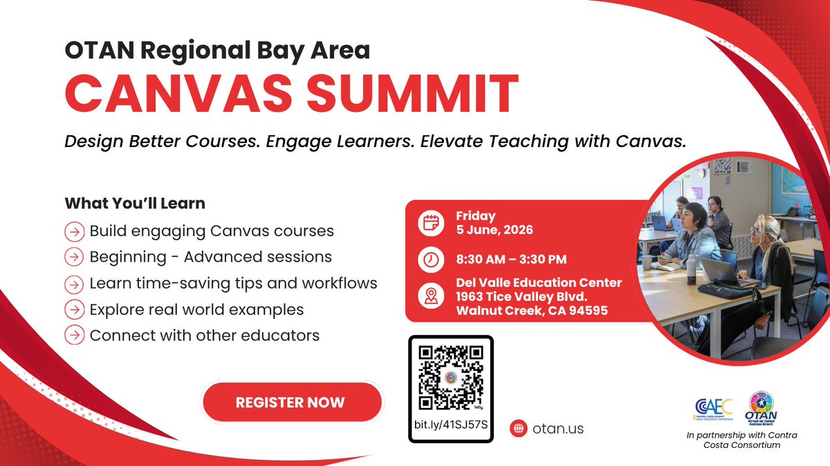 otan's tweet image. ⛰️OTAN Regional Bay Area Canvas Summit ⛰️
📅 Jun 5
🕛 8:30 AM - 3:30 PM
✅ bit.ly/41SJ57S

Join educators from across the Bay Area for the OTAN Regional Canvas Summit, a free, one-day event focused on meaningful, practical use of Canvas in adult ed.

#AdultEd #CanvasLMS