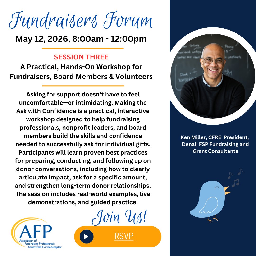 AFPSWFL's tweet photo. AFP SWFL Chapter Fundraisers Forum on May 12, The Carlisle Inn. 8:00AM-Noon. Session III: Making the Ask with Confidence. A hands‑on workshop to help fundraisers &amp; boards to master donor conversations, confident asks, and build lasting relationships. RSVP: https://t.co/PHYg3ANkTk https://t.co/pgKZemdtQz