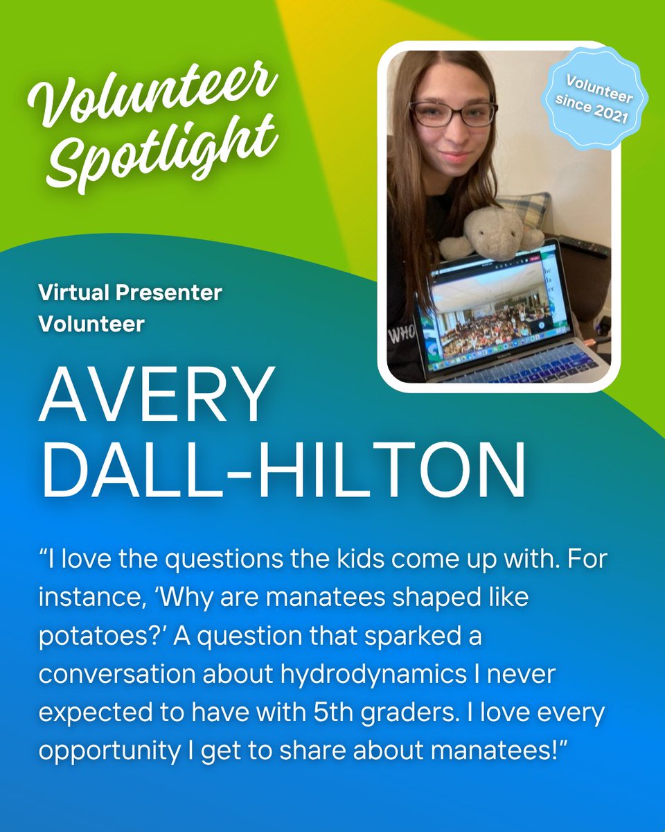savethemanatee's tweet image. April is #VolunteerAppreciationMonth and we are so grateful for all our #volunteers!  This week, we're shining the spotlight on some of our amazing Virtual Presenter Volunteers: Shari Dworkin-Smith, Avery Dall-Hilton, and Lisa Upeslacis. #SaveTheManatee #VolunteerAppreciation