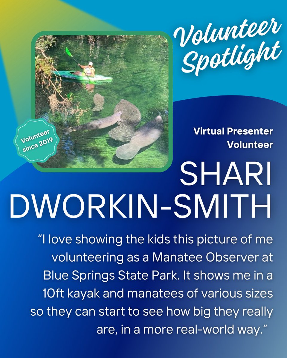 savethemanatee's tweet image. April is #VolunteerAppreciationMonth and we are so grateful for all our #volunteers!  This week, we're shining the spotlight on some of our amazing Virtual Presenter Volunteers: Shari Dworkin-Smith, Avery Dall-Hilton, and Lisa Upeslacis. #SaveTheManatee #VolunteerAppreciation