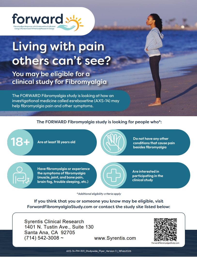 Living with pain others can’t see? You may be eligible for a new fibromyalgia clinical research study taking place at Syrentis Clinical Research in Santa Ana. For more information, visit Syrentis.com or call (800) NEW-STUDY. #Fibromyalgia #ClinicalResearch