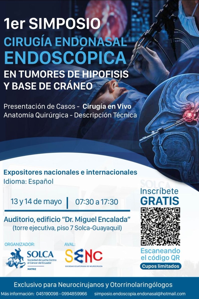 valarezoalb's tweet photo. Estimados colegas:
Es un honor darles la más cordial bienvenida al 1er Simposio de Cirugía Endoscópica Endonasal de Hipófisis y Base de Cráneo a realizar el 13-14 de mayo del 2026, que servicio de neurocirugía de la Sociedad de Lucha contra el Cáncer del Ecuador, SOLCA Matriz Guayaquil lo celebra.
Este encuentro académico marca un hito importante en el fortalecimiento de la formación y actualización médica en nuestra región, reuniendo a destacados especialistas nacionales e internacionales comprometidos con la excelencia en el abordaje de patologías complejas de la hipófisis y la base del cráneo. La cirugía endoscópica endonasal representa hoy en día una de las técnicas más innovadoras y efectivas, permitiendo intervenciones menos invasivas, con mejores resultados clínicos y una recuperación más favorable para los pacientes.
A lo largo de este simposio, tendremos la oportunidad de compartir conocimientos, analizar casos clínicos, discutir avances tecnológicos, cirugía en vivo y fomentar el intercambio de experiencias entre profesionales de diversas disciplinas. Este espacio ha sido concebido no solo para el aprendizaje, sino también para fortalecer la colaboración y el desarrollo continuo de nuestra comunidad médica.
Agradecemos profundamente la participación de cada uno de ustedes, así como el valioso aporte de nuestros conferencistas, cuyo conocimiento y experiencia enriquecerán significativamente este evento.
Les invitamos a aprovechar al máximo cada jornada, convencidos de que este simposio será una experiencia académica de alto nivel y un paso más hacia la excelencia en la atención de nuestros pacientes.
Sean todos bienvenidos.

Inscripción: https://t.co/tSCERnmYTj

Atentamente,

Dr. Alberto Valarezo Ch.
Neurocirujano
Cirugía Mínima Invasiva de Cerebro, Hipófisis y Base de Cráneo