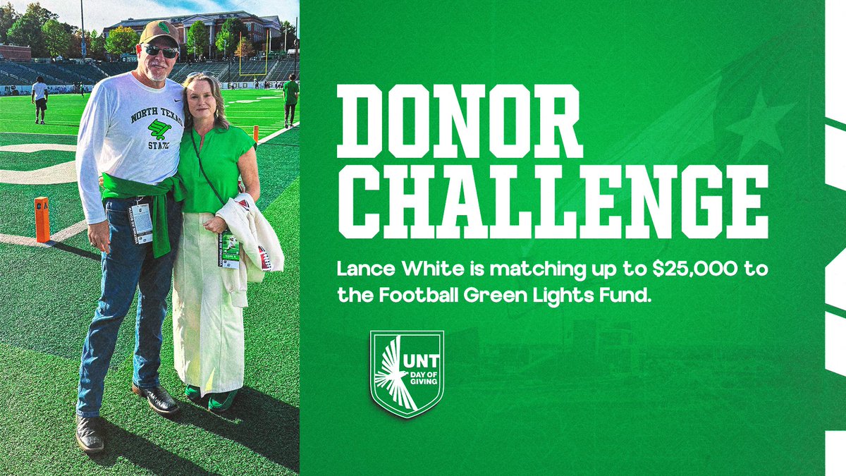 MeanGreenFB's tweet image. Challenge Accepted!

Thank  you to UNT Hall of Famer Lance White for stepping up to match up to $25,000 dollar for dollar in support of Day of Giving!

MORE INFO: northtex.as/GivingChalleng…
GIVE EARLY: northtex.as/DayofGiving2026

#GMG🦅