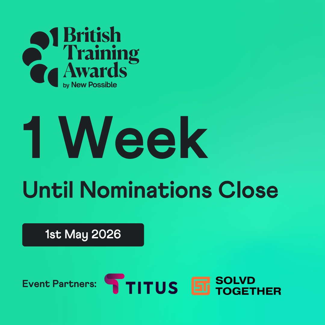 BritTrainAwards's tweet image. One more week until Nominations close! ⏳ Don't miss the chance to shout about your success, click here to share your story with us! 👉 newpossible.io/british-traini… #Training #Awards #Learning #Development