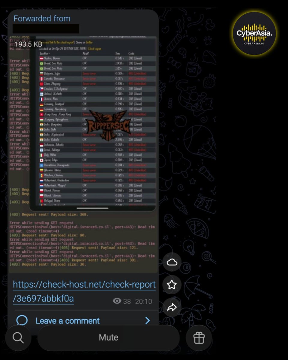 cyberasia_io's tweet image. 🚨 Israel Alert 🇮🇱

Pro-Palestine hacktivist group RipperSec has launched a targeted cyber attack against the Israeli financial service Isracard digital.isracard.co.il

#Israel #RipperSec #DDoSAttack #Isracard #CyberWarfare