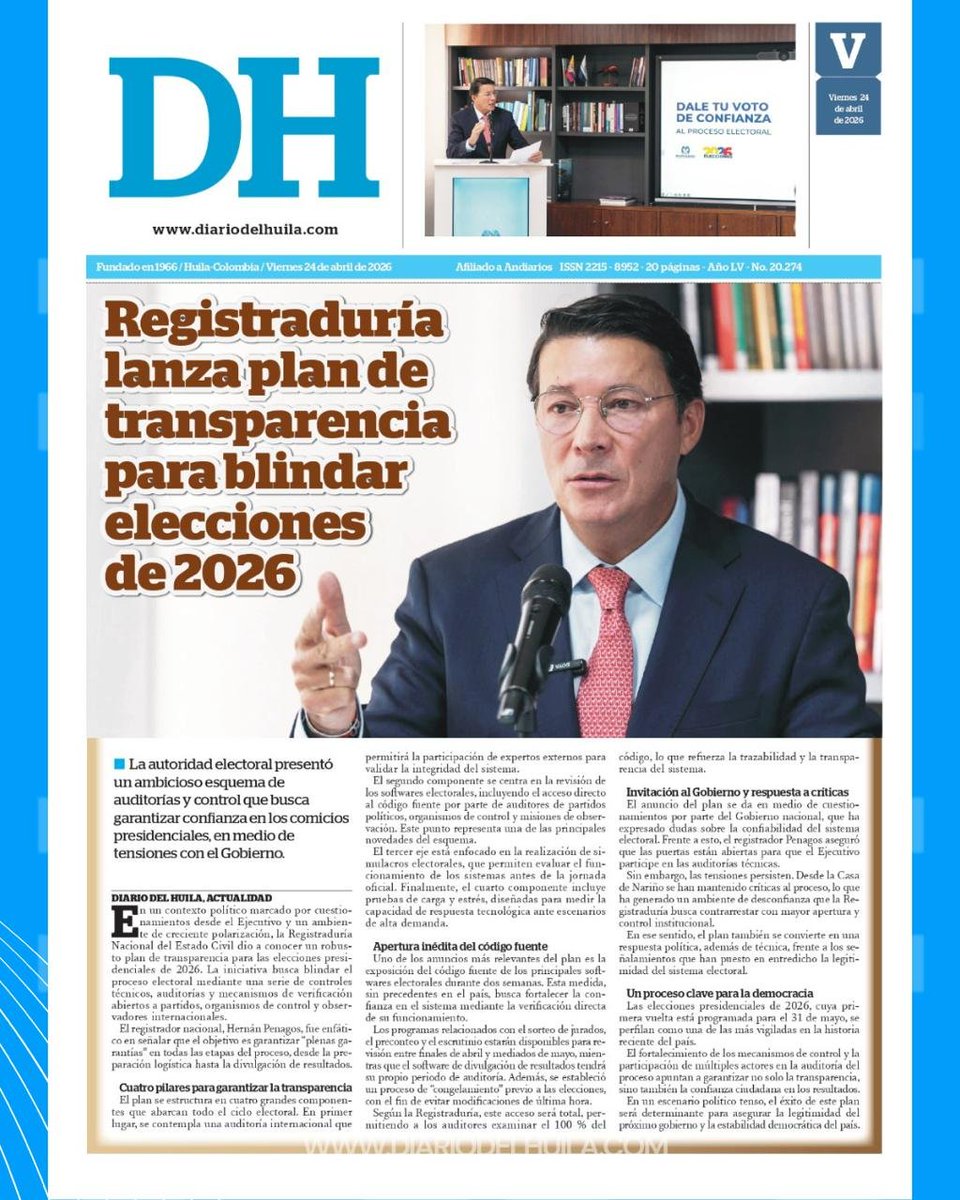 diariodelhuila's tweet image. #DH 📰✨ ¡Arranca el día bien informado con la portada y contraportada del Diario del Huila! 🌞📖

¡Buenos días, lectores! ☀️ Te compartimos la portada y la contraportada del Diario del Huila 🗞️ para este viernes 24 de abril, con los temas más relevantes que marcan la actualidad