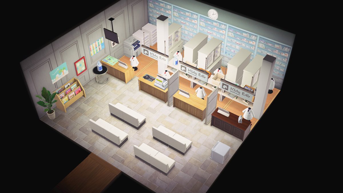 NatsuJun623's tweet image. 「薬剤師を夢見て」
最近お世話になってる薬局をイメージした。
カウンターの側面にもポスター貼れたらいいんだけどな。
カウンター色どっちにしようか試しに2色置いてそのまま完成させちゃった…ww
ダークだと暗すぎてライトだと質感がコレジャナイんよねぇ
#NintendoSwitch #あつ森 #ハピパラ