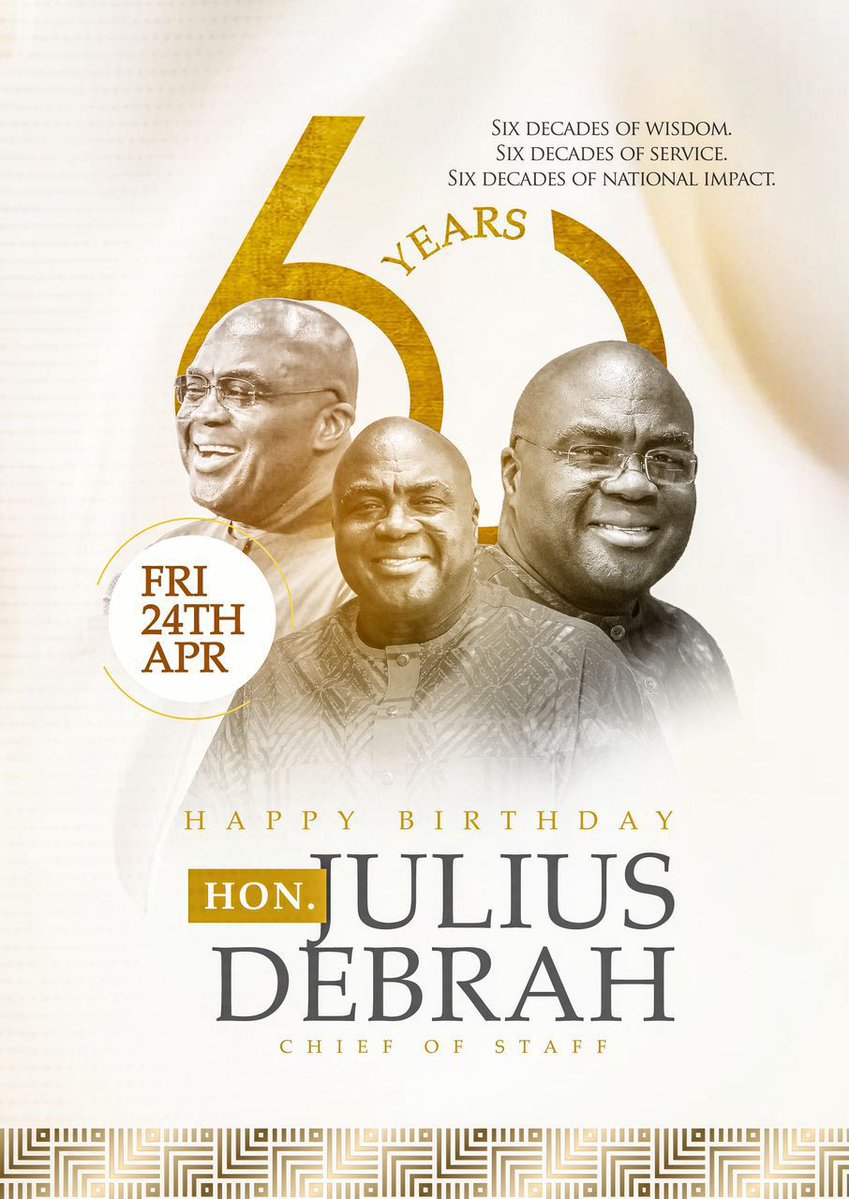 60 years of life.
60 years of purpose.
60 years of national impact.

Today, we honour Hon. <a href="/JDebrahofficial/">Julius Debrah</a> — a leader whose journey continues to inspire.

Happy Birthday, Sir.

#JD60 #JuliusDebrahAt60 #Leadership #NationalImpact