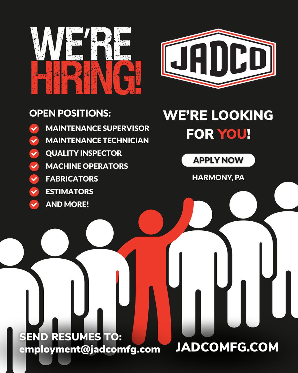 jadcomfg's tweet photo. We’re growing and looking for driven, passionate people to grow with us. 🚀

At JADCO, we believe our success is built on the strength of our team. That’s why we’re always searching for individuals who are ready to bring fresh ideas, strong work ethic, and a commitment to excellence. Whether you’re just starting out or bringing years of experience, you could be exactly who we need to help take our team to the next level.

If you’re ready to be part of a place where your work matters and your impact is real, now is the time to make your move.

More information on open positions can be found on our career page by visiting https://t.co/8jGyS45dQH. Learn more and apply today to help keep making JADCO tough! 💪