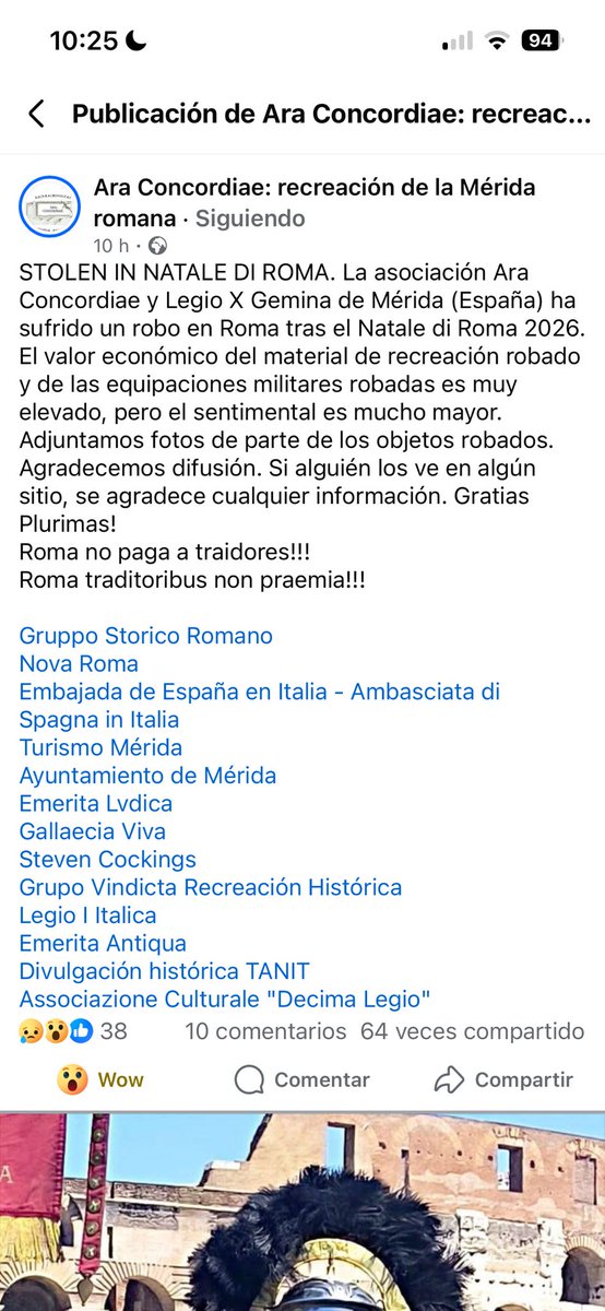 merida_mas's tweet photo. A la asociación recreacionista Ara Concordiae les robaron esta semana en Roma un montón de material que cuesta mucho tiempo y dinero y, que como ellos dicen, tiene especial valor sentimental. 

Más que nada por si veis algo de esto a la venta por ahí: es material robado. https://t.co/26GMInOs66