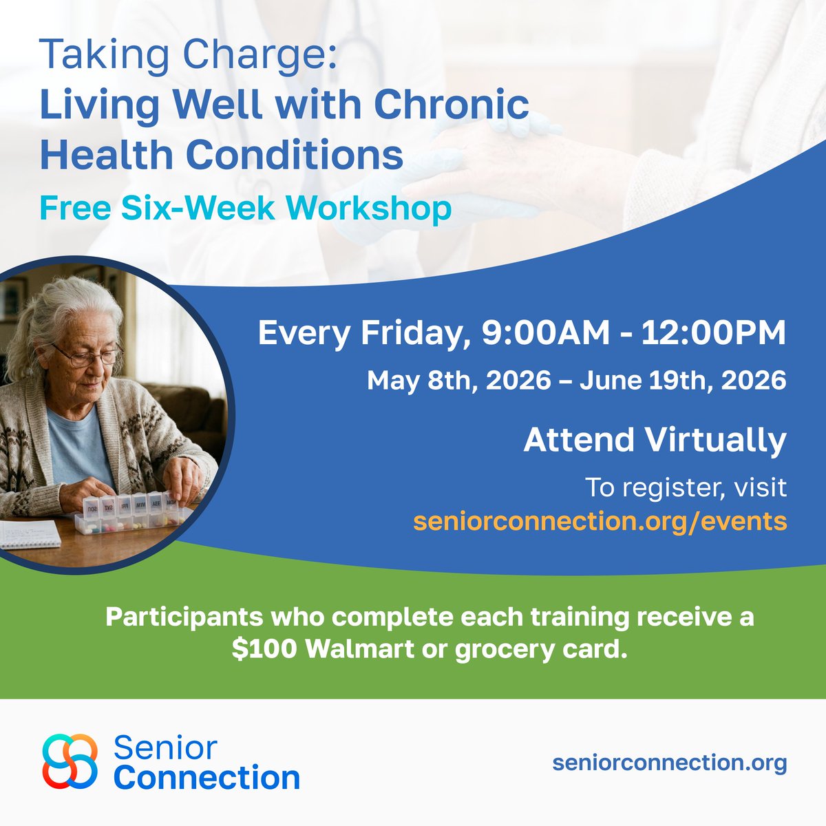 MASrConnection's tweet photo. FREE 6-week Living Well Workshop for adults managing chronic conditions (diabetes, heart disease, COPD, depression + more). Participants who complete the program receive a $100 grocery/Walmart card. Register: https://t.co/PqZDLvLhOi https://t.co/H3BawE11uO