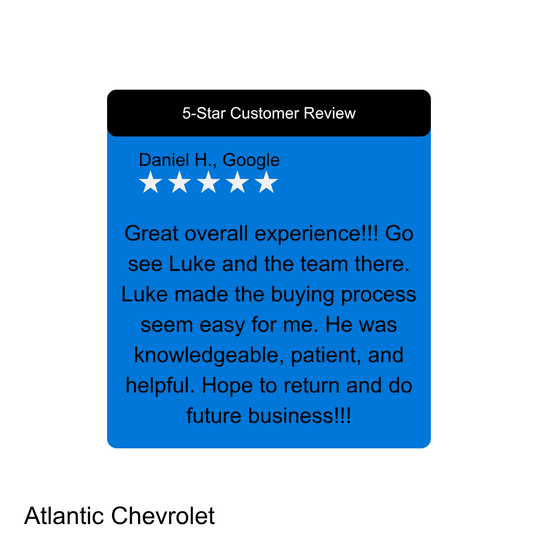 AtlanticChevy's tweet photo. Thanks, Daniel! We’re glad Luke and the team made everything easy for you. Enjoy your new ride, and we look forward to helping you again in the future! 🚗 https://t.co/xfSU65JLrD