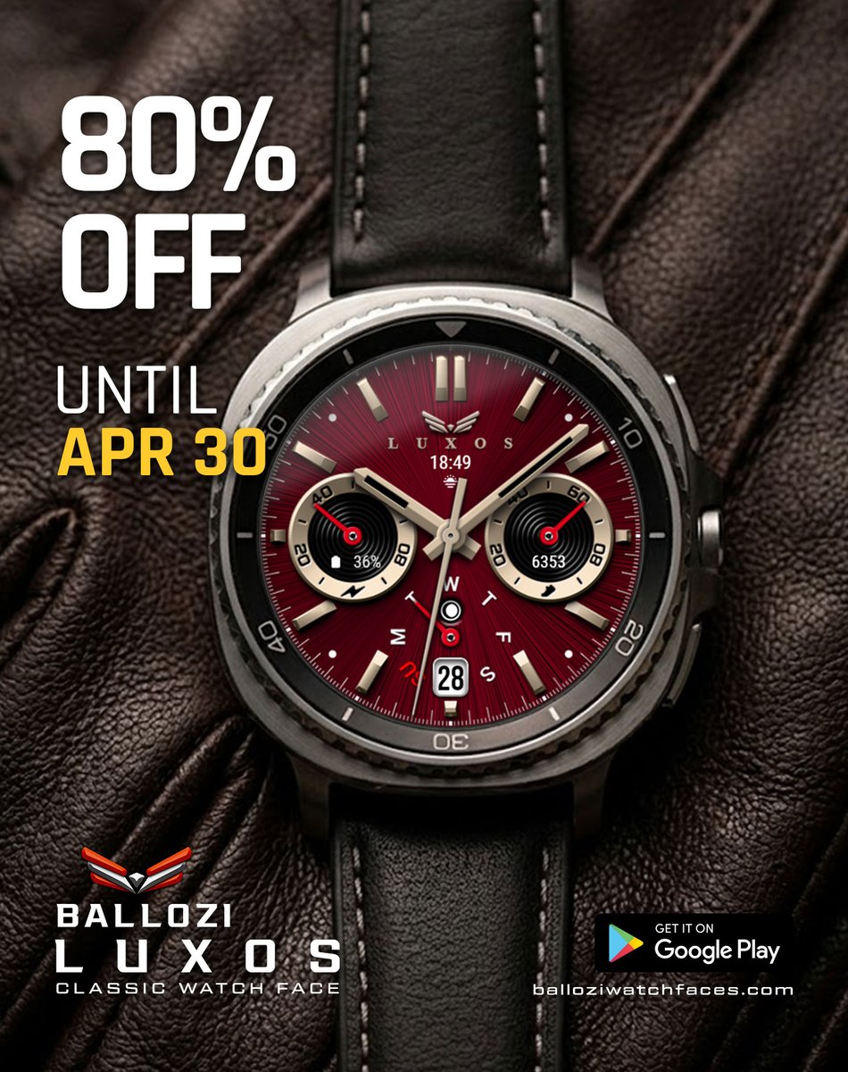 Ballozi_WF's tweet photo. Enjoy the massive 80% discount for Ballozi LUXOS!

Promo ends on April 30!

Available on Google Play Store: https://t.co/q4DJgKjelP

#WearOS #WearOSbyGoogle #watchface #watchfaces #WatchFaceDesign #WatchFaceOfTheDay #Smartwatch #WearableTech #Wearables https://t.co/ZRZM55iKhR