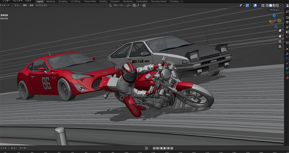 zenmai_gunso's tweet image. グン！ 拓海！ カナタ！  3つの時代を駆け抜けた3人のダウンヒラーが集結！ 全ての車体とライダー、路面はblenderで制作して、通称「しげのダスト」と「しげのフォント」はフォトショで描画。モデリングから刷りまで10か月かけた渾身の1枚が完成しました。
#バリバリ伝説
#イニシャルD
#MFG
