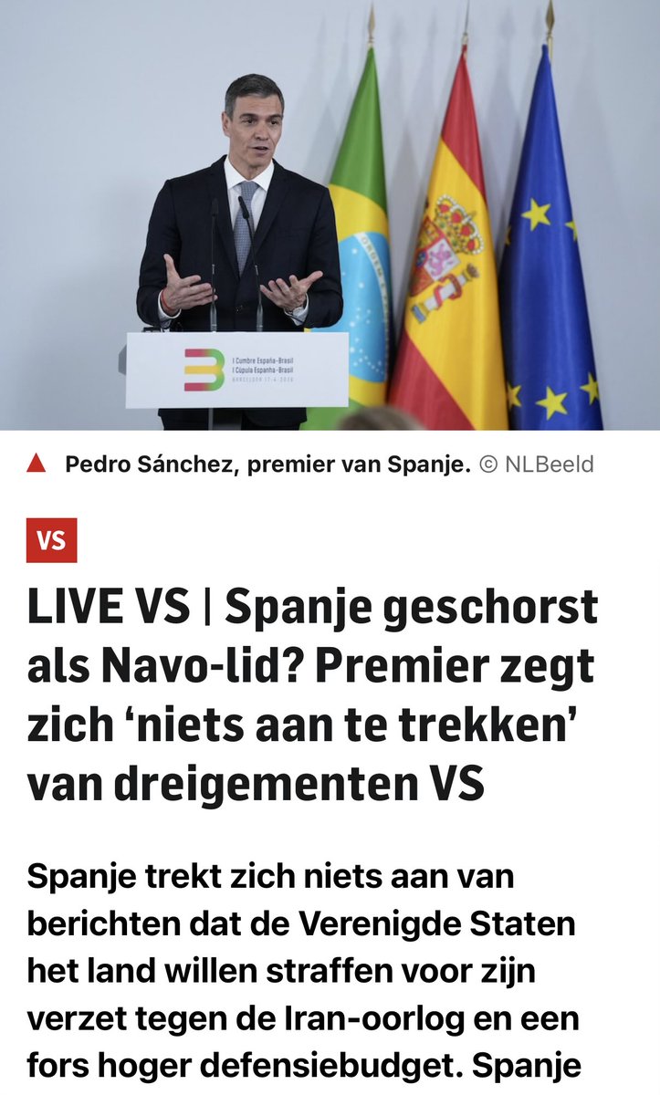 Oud nieuws.
Tijdens zijn bezoek aan #Trump is #NAVO baas #Rutte voor het blok gezet. Spanje schorsen als NAVO lid of accepteren dat de #VS uit de NAVO stapt.
Die keuze lijkt me niet moeilijk want zonder VS is de NAVO een tandenloze tijger.