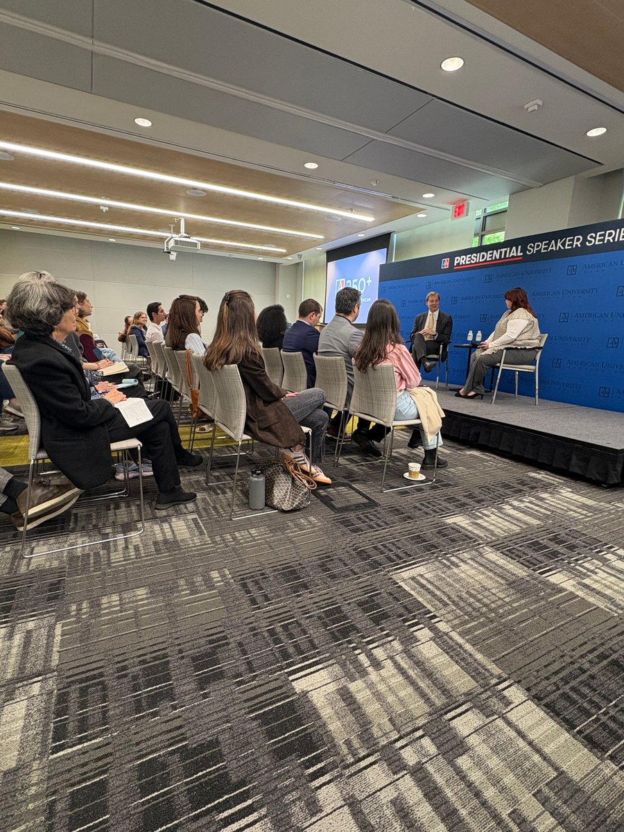 AU_SOC's tweet photo. We welcomed Almar Latour, SOC/MA ’96, HON ’25, CEO of Dow Jones and publisher of The Wall Street Journal, to campus this week for a 250+ Presidential Speaker Series event. After his remarks, he was interviewed by outgoing Editor-in-Chief of the Eagle Walker Whalen. https://t.co/3ZPiOJc61S