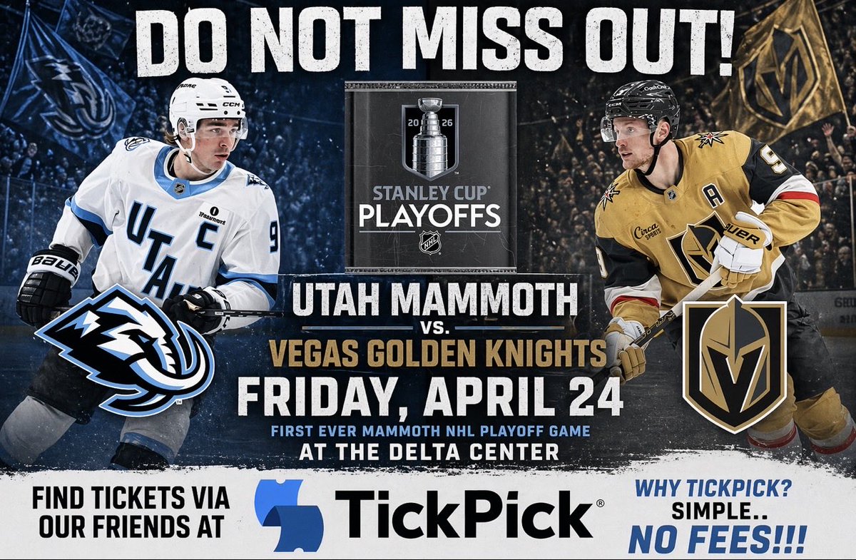 JazzNationNews's tweet photo. 🚨 TONIGHT - Utah Mammoth’s first #NHLPlayoff game at The Delta Center 🦣 🏒
Find tickets via our friends at @TickPick
#TickPick = NO FEES 🎉
Here is a $10 credit to use on your tickets 👉 https://t.co/OIdxN1i67A
.
.
#TusksUp #NHL #VegasBorn
#ForgedInGold #StanleyCup https://t.co/JoRDcDEWZc