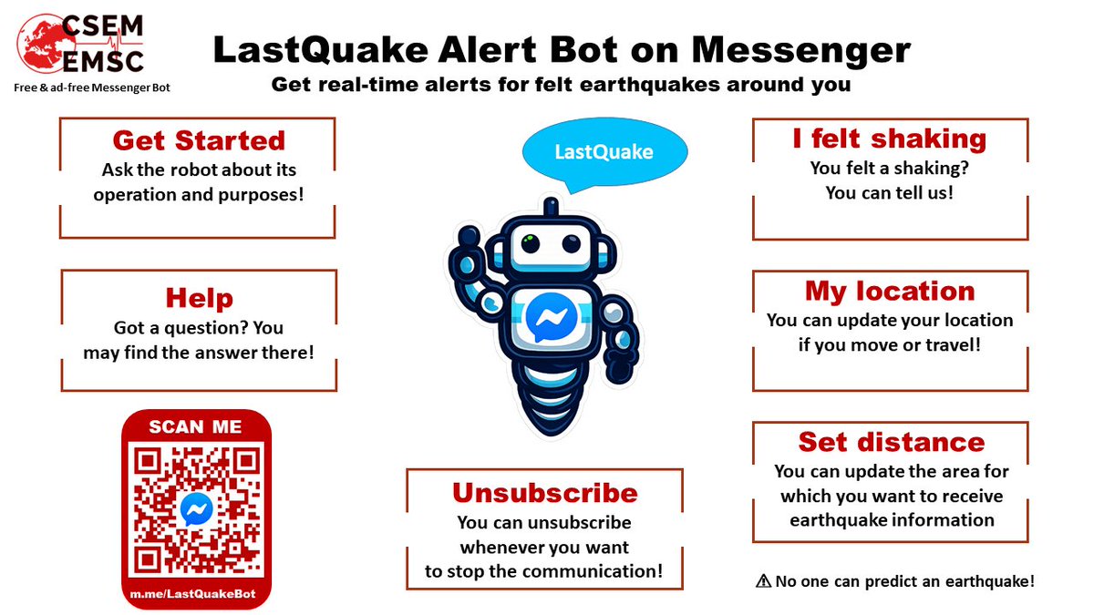 LastQuake's tweet image. 🌍 Stay informed about #earthquakes with LastQuake on Messenger
✅ Free &amp;amp; ad-free alerts for felt #earthquakes near you 

👉 m.me/LastQuakeBot
🔍 Or search "LastQuake Alert Bot" on Messenger