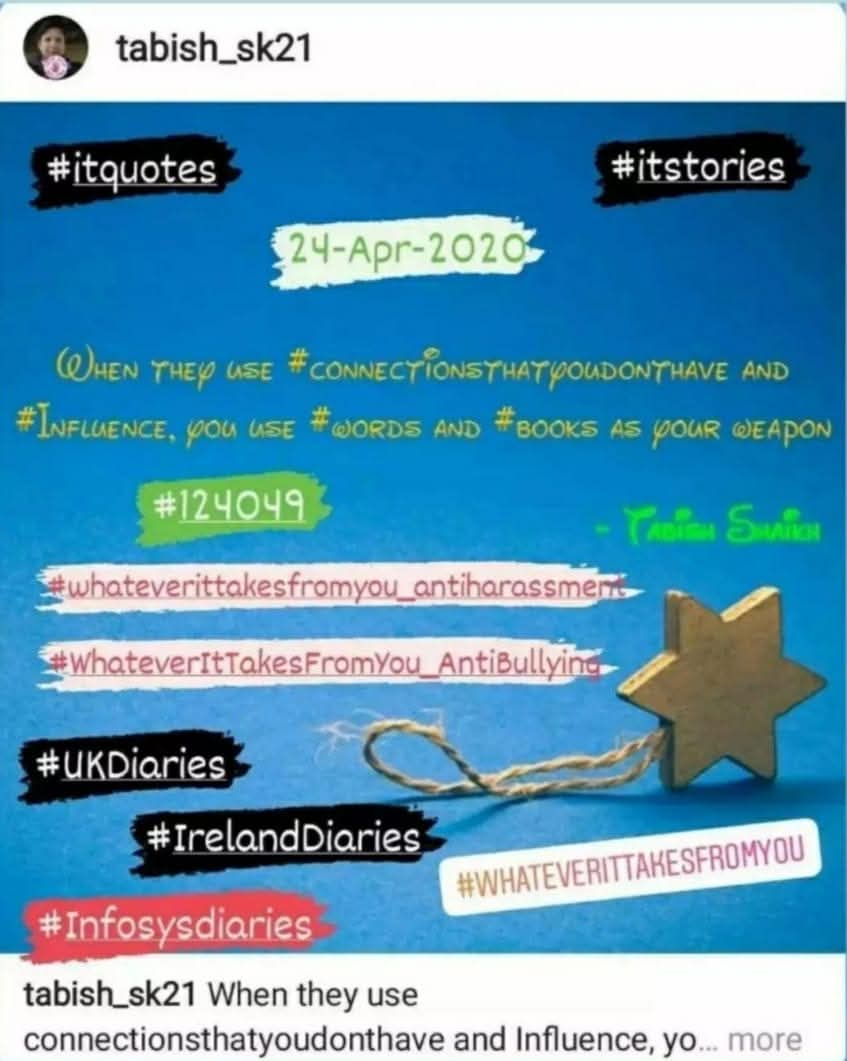 TabishSk21's tweet image. When they Use Connections that You Don't have and Influence, You Use Words and Books as Your Weapon!

#WhateverItTakesFromYou
#InfosysDiaries 

#amwriting 

#ITquotes
#itstories
#itconfessions

#whateverittakesfromyou_antiharassment
#antiharassment_whateverittakesfromyou