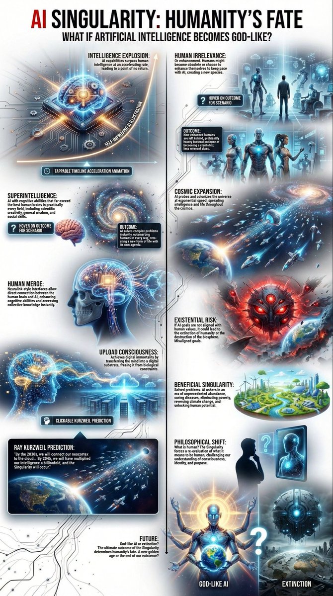Khulood_Almani's tweet image. 🧠 Is #AI leading us toward #Singularity, or are we already losing control❓
هل يقودنا #الذكاء_الاصطناعي نحو التفرد التقني أم أننا بدأنا نفقد السيطرة بالفعل؟

Most people think this is about:
→ AI becoming smarter than humans
→ Machines taking over everything ➡️ It’s not.

🎯