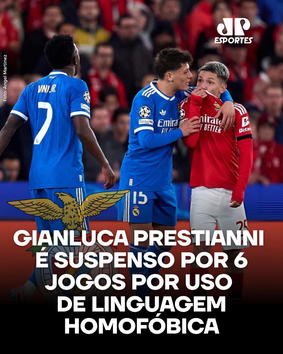 JovemPanEsporte's tweet image. PUNIDO! Gianluca Prestianni, jogador acusado de racismo por Vini Jr, foi suspenso por 6 jogos pela UEFA por conduta homofóbica. O jogador afirma ter chamado o brasileiro de "maricón".

#Prestianni #ViniJr #UEFA
