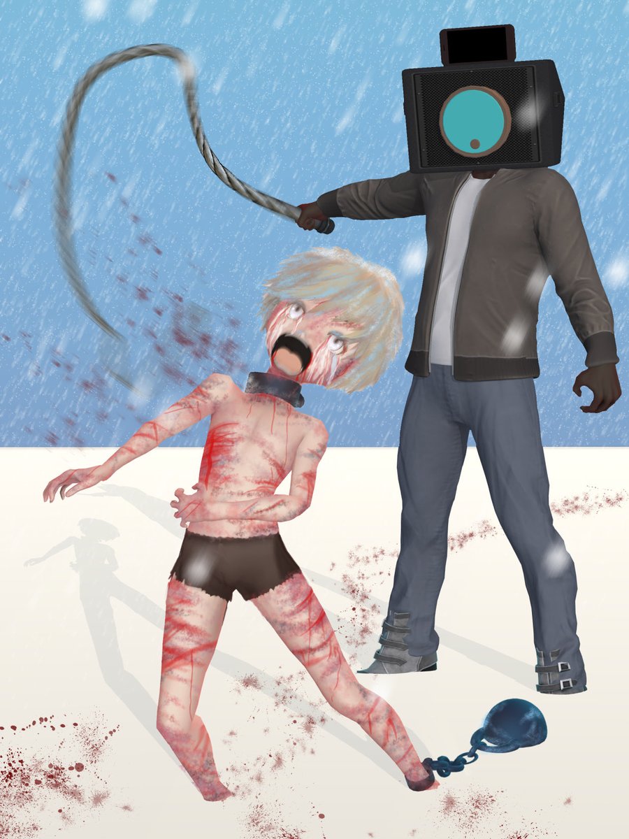 #男リョナ版深夜のお絵描き60分一本勝負
#リョナリョナランド　テーマ:監視カメラ　題名:無慈悲な監視アンドロイド
高性能カメラ搭載監視アンドロイドは雪原を裸で歩かされる少年の鮮明な画像を観覧室のモニターに届けた。貴族たちは談笑しながら端末画面をタップして少年の体に鞭を浴びせ楽しんでいる