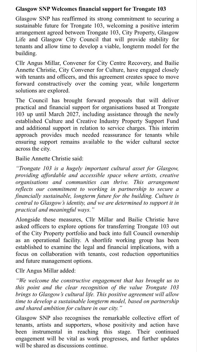 SNPforGlasgow's tweet photo. We are pleased to have reached an agreement between Glasgow City Council and the tenants of Trongate 103. https://t.co/D81R2JeDFs