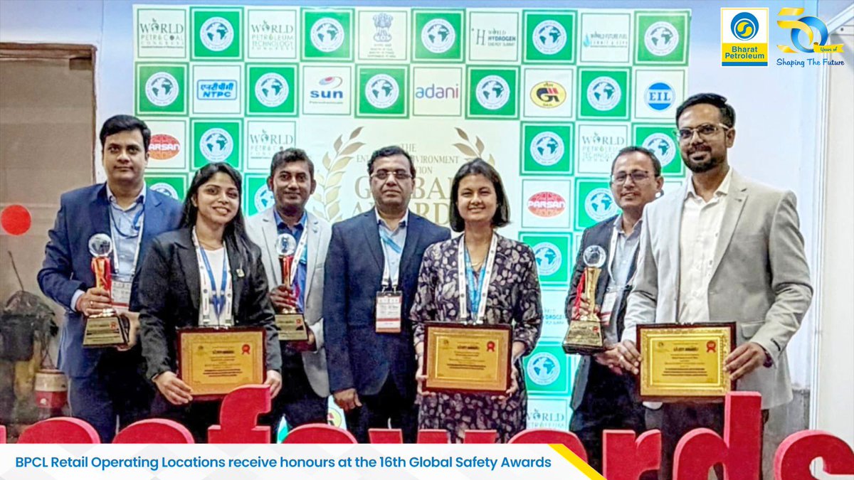 BPCLimited's tweet photo. BPCL Retail Operating Locations in Mathura, Devanagonthi, Hazira, Kota, and Piyala received Platinum and Gold awards for excellence in HSSE at the 16th Global Safety Awards held at the NDMC Convention Centre, Delhi, in the presence of Hon’ble Minister of State for Science and Technology, Shri Jitendra Singh.

The recognition reflects BPCL’s consistent focus on embedding safety as a core operational value, driven by disciplined execution and collective accountability across locations.

Guided by the principle of “Safety First, Safety Must”, BPCL continues to strengthen a culture where safety is integral to every action and every outcome.

#BPCL #SafetyFirstSafetyMust #HSSE #GlobalSafetyAwards #OperationalExcellence

@Secretary_MoPNG @PetroleumMin @HardeepSPuri