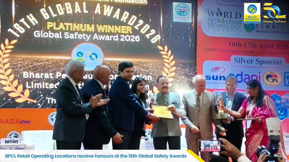BPCLimited's tweet photo. BPCL Retail Operating Locations in Mathura, Devanagonthi, Hazira, Kota, and Piyala received Platinum and Gold awards for excellence in HSSE at the 16th Global Safety Awards held at the NDMC Convention Centre, Delhi, in the presence of Hon’ble Minister of State for Science and Technology, Shri Jitendra Singh.

The recognition reflects BPCL’s consistent focus on embedding safety as a core operational value, driven by disciplined execution and collective accountability across locations.

Guided by the principle of “Safety First, Safety Must”, BPCL continues to strengthen a culture where safety is integral to every action and every outcome.

#BPCL #SafetyFirstSafetyMust #HSSE #GlobalSafetyAwards #OperationalExcellence

@Secretary_MoPNG @PetroleumMin @HardeepSPuri